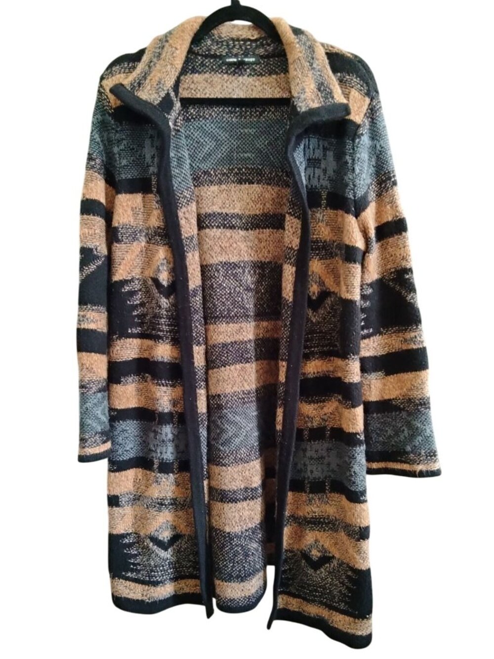 Cable & Gauge Size XL Open Front Cardigan Black Brown Textured Bohemian Knit - Picture 2 of 8